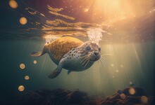 A Seal Is Swimming In The Water With Sun Shining Down On It's Head And Body And Head, And Its Body Is Covered In Water With Bubbles And Yellow Light Shining From The Water.  Generative. Generative AI