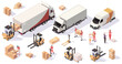 Logistics and delivery isometric icons set with warehouse workers, boxes on forklifts and cargo transport. Collection of storehouse characters, people working in goods shipping. Vector illustration