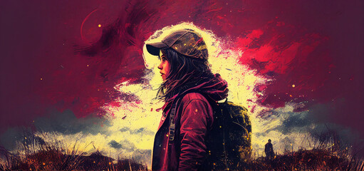 Illustration of a young girl with a backpack and a cap on an abstract natural red-violet background. Generated Ai.