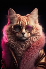 Wall Mural - Red cat dressed in stylish pink jacket created with generative AI technology