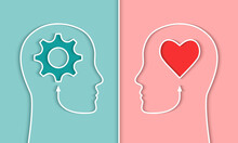 Comparison Of IQ And EQ Or Right And Left Brain, Cerebral Hemispheres Concept. Head Silhouette Of A Person, Gear And Heart Shape Symbol. Emotional Versus Intelligence Quotient, Human Mind, Thinking.