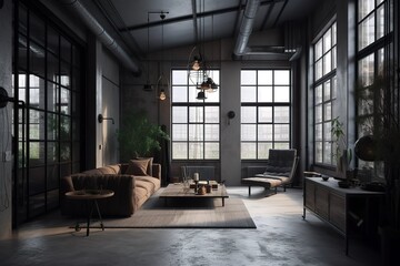 Living room interior in loft, industrial style, 3d render, Generative AI