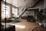 Fototapeta  - Stylish two - floor apartment with open space, Generative AI