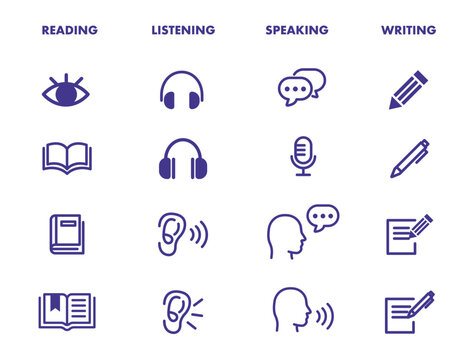 Language skill icon set speaking listening reading writing education test logo vector illustration circle symbol