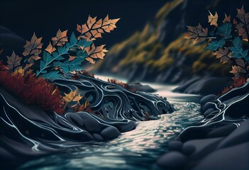 The River Animated Design. Nature Subject. Design of the background, wallpaper, or scene. Generative AI