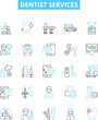 © Nina - Dentist services vector line icons set. Dentist, Services, Teeth, Cleaning, Fillings, Extractions, Orthodontics illustration outline concept symbols and signs