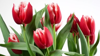 Poster - Tulip flowers bunch. Blooming red with white tulips flower isolated on white background. Big bouquet of tulips. Holiday gift, birthday. Buds of Beautiful flowers. Valentine's Day gift, Easter, slowmo 