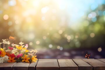 Empty old wooden table with spring flower and butterfly and sunny garden. Generative Ai