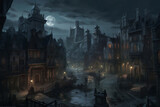 Fototapeta Londyn - horror mysterious city at night fantasy, generative ai