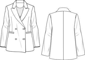 Women's Fitted Blazer Jacket. Technical fashion illustration. Front and back, white color. Women's CAD mock-up.
