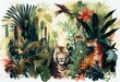A tropical jungle with exotic animals, watercolor style, Generative AI