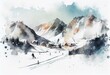 A ski resort with snow, mountains, and skiers, watercolor style, Generative AI