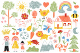 Fototapeta Zachód słońca - Linear children drawings design elements. Doodle arts of sun, heart, frog, turtle, flower, star, crown, strawberry