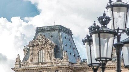 Wall Mural - Side gallery entrance, streetlamp and architecture of the famous museum and gallery timelapse, Paris, France. Cloudy sky at summer day