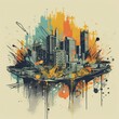 A colorful cityscape on plain background, digital illustration like graffiti. Generative AI.
