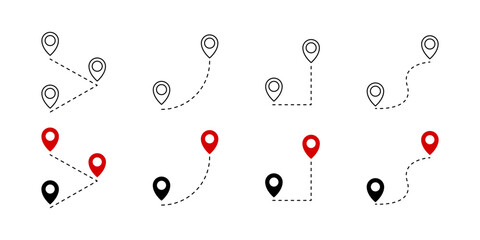 Poster - Distance location icons collection. Navigation distance dotted lines with map pin. Location vector icon. EPS 10