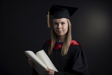 Poster - Proud and happy graduate in graduation cap and gown holdong a diploma, AI generative image