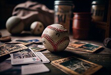Old, Used, And Dirty Baseball With Sports Cards Blurred In Background. Generative AI