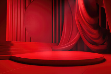 Red podium color 3D background with geometric shapes for product presentation minimal style, stage, red background.