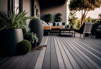 furnished outdoor terrace with wpc wood plastic composite decking boards. Generative AI