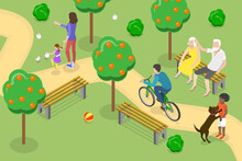 3D Isometric Flat Vector Conceptual Illustration Of Walk In Park, Urban Recreation Area