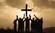 © Enigma - Christian people group raise hands up worship God Jesus Christ together, generative AI