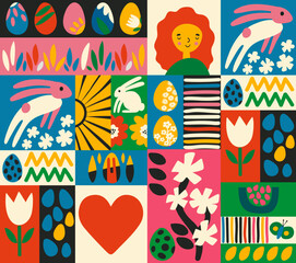 Poster - Happy Easter concept  Graphics template. Trendy  colorful Easter pattern design with typography, hand-painted element, eggs and bunny. Modern minimalist style. Good for social media post or postcard.