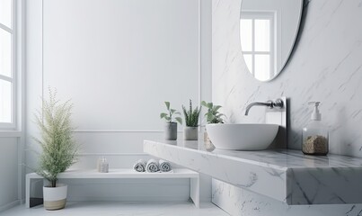Poster - White bathroom interior, marble countertop on a blurred background of the bathroom interior, generative AI