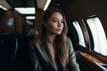 Young business lady in the cabin of a luxury private jet. Travel concept. AI generated, human enhanced