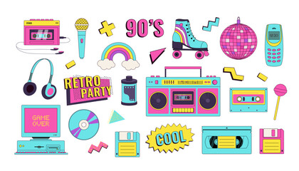 set of 90s 00s retro devices in modern memphis style. vintage audio player, cassette, old pc, floppy