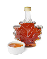 Bottle and bowl of tasty maple syrup on white background