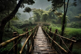 Fototapeta Las - Narrow wooden bridge in the middle of the forest,AI generated