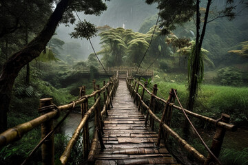  Narrow wooden bridge in the middle of the forest,AI generated