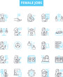 © Nina - Female jobs vector line icons set. Nurse, Teacher, Engineer, Receptionist, Doctor, Lawyer, Administrator illustration outline concept symbols and signs