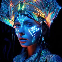 Wall Mural - Portrait of a mystical fantasy bioluminescent neon woman. Glamorous fashionable lady. Generative AI Art.