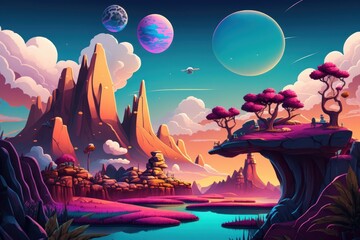 Magical Disney-inspired illustrated landscape with floating islands and surreal sky in anime style, perfect for e-commerce UX design and fantasy fanatics, Generative AI