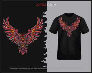 Colorful phoenix bird mandala arts isolated on black t-shirt.