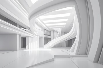 Poster - Spacious White Room with a Striking Spiral Staircase. Generative AI