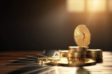 Poster - pile of shiny golden coins stacked neatly on a wooden table. Generative AI