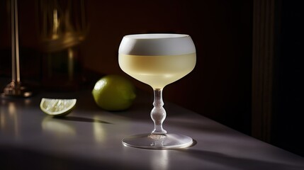 An elegant glass filled to the brim with a smooth and creamy Pisco Sour, garnished with a drop of angostura bitters and a slice of fresh lemon. The drink has a white foam, generative ai