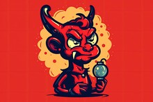 Mischievous Red Devil Holding A Magnifying Glass. Generative AI