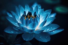 Bright Neon Blue Colorful Lotus Flower Bloom. Vivid Waterlily Closeup Floral Background.