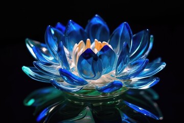 Bright neon blue colorful lotus flower bloom. Vivid waterlily closeup floral background.