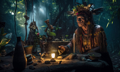 A Shaman traditional healer preparing for a ceremony in the Amazon rainforest (generative AI)