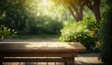 Empty Wooden Table In Natural Green Garden Outdoor. Product Placement With Sunday Light, Generate Ai
