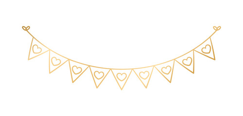 Wall Mural - Golden Flags with Heart Pattern. Festive Birthday, Valentines Party celebration. Hanging buntings garlands vector illustration