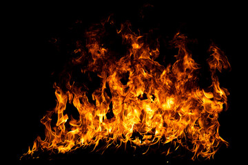 Fire flame isolate on black background. Burn flames, abstract texture. Art design for fire pattern, flame texture.