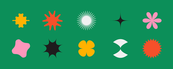 Poster - Primitive geometric shapes set. Colorful abstract stars and flowers forms in Swiss or bauhaus style. Different brutalism elements collection for posters, banners, collages. Vector signs. 