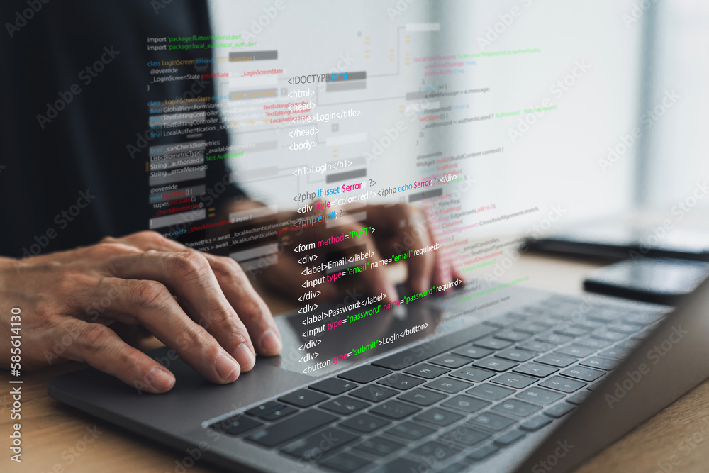 Software developer or programmer coding program with laptop. Create Intelligence innovation. Computer programming, development software engineer and architecture, digital data technology management