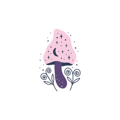 Wall Mural - Mystical celestial mushroom with moon, floral elements. Magical fungus amanita, toadstool vector illustration. Hand drawn witchy clipart isolated on white. Whimsical fantasy plant for poster, card.